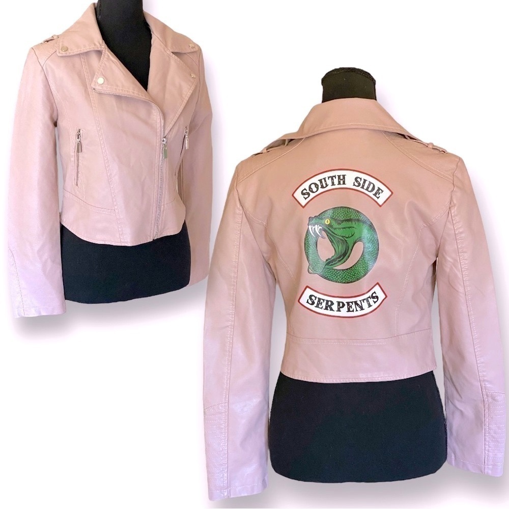 ZOLA FSLR Pink Faux Leather Cropped Moto Jacket “Southside Serpents” Cut… - Picture 8 of 12